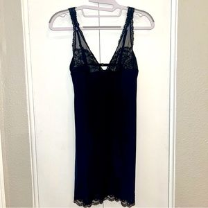 Victoria Secret Black Nylon Slip Dress Lined with Black Lace Lingerie Sleepwear
